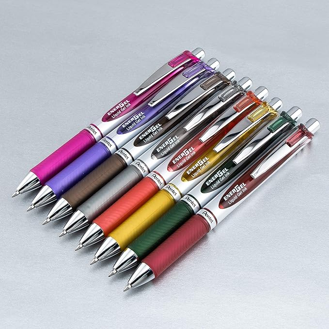 Pentel EnerGel RTX Retractable Liquid Gel Pen, (0.7mm) Medium Line, Metal Tip, Assorted Ink, 8 Pack (BL77BP8M3)