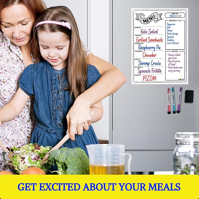 Magnetic Weekly Meal Planner for Fridge – 16” x 12” Dry Erase Menu Board with Grocery List & Notes – Stain-Resistant Whiteboard for Family Meal Planning Includes 3 Magnetic Markers & Eraser