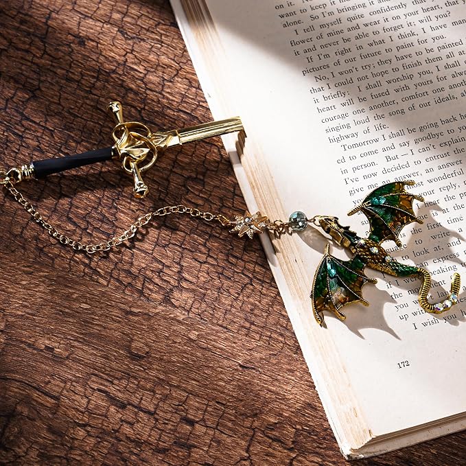 Sword Dragon Metal Bookmarks - 2 PCs Fantasy Book Marks Gifts for Reading Cool Black Green Page Makers Merch for Men Boys Kids Novel Fans Lovers Readers Bookish Birthday School Accessories