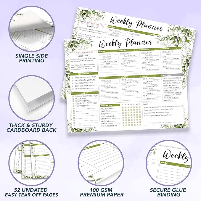 Decorably 52 Sheets Forest Green Undated Weekly Planner Tear Off Pad - 6.5x10in Spring-Bound Desk Notepad, for Focus, Priorities, to-Do List, Habit Tracker, Agenda, Notes - Home, School, Office