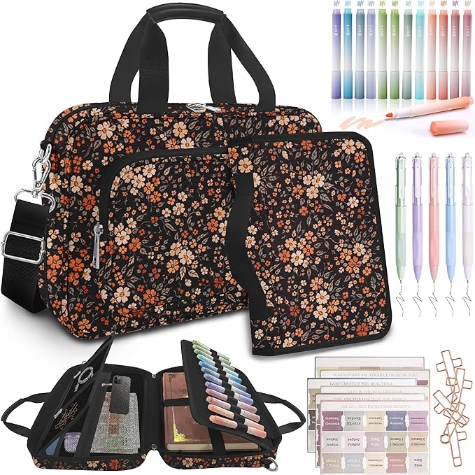 Vintage Floral Large Bible Bags for Women Organizer with Bible Cover Case, Bible Cover with Shoulder Strap & Pens & Highlighters & Cross Clip Study Kit for Bible & Church, Christian Gifts for Mom
