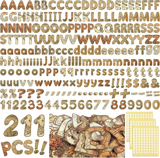 221 Pcs World Map Bulletin Board Letters, Round Alphabet Number Punctuation Symbol Combo Letter Cutouts, Vintage Classroom Decor for School Classroom Chalkboard Poster Bulletin Board Wall