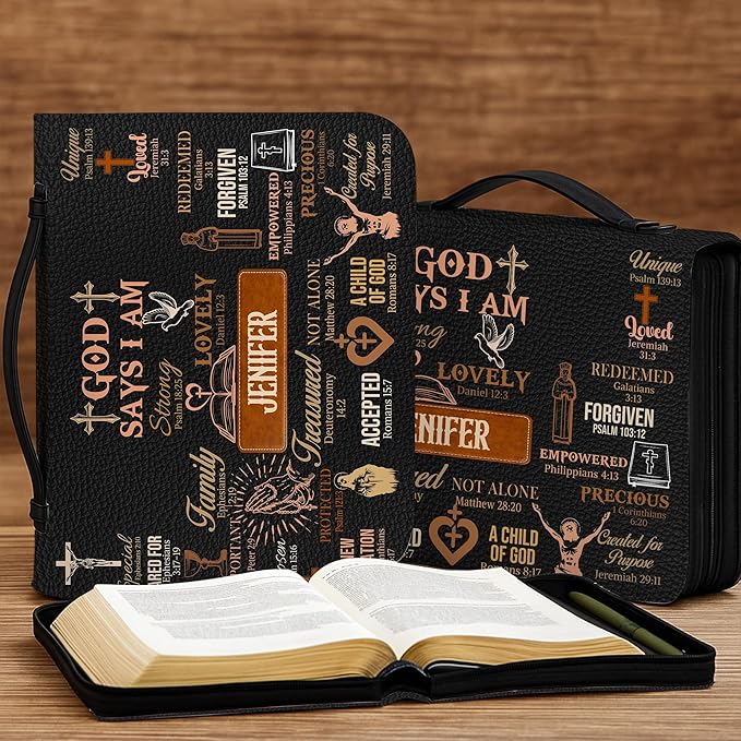 Personalized Man of God Bible Cover, God Says I Am Bible Case PU Leather, Bible Holder Handle Zipper, Faith Scripture with Name Case Bag, Religious Gifts for Church Christians Women Men (GOD-12)