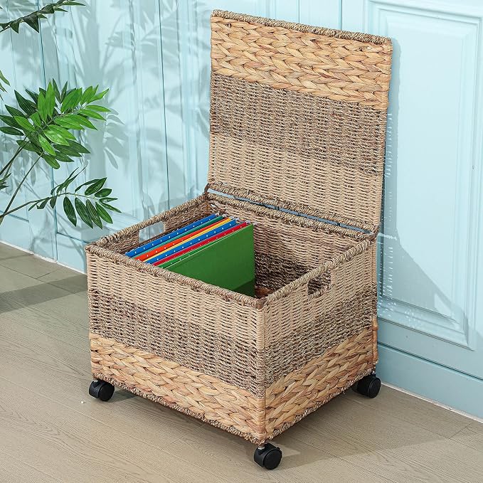 Cinnvoice Decorative Rolling File Cabinet 18 x 16 x 13 in Seagrass Wicker File Box Organizer for Letter & Legal Size Handwoven Hanging Filing Basket with Lid for Folder Home Office Decor Tricolor