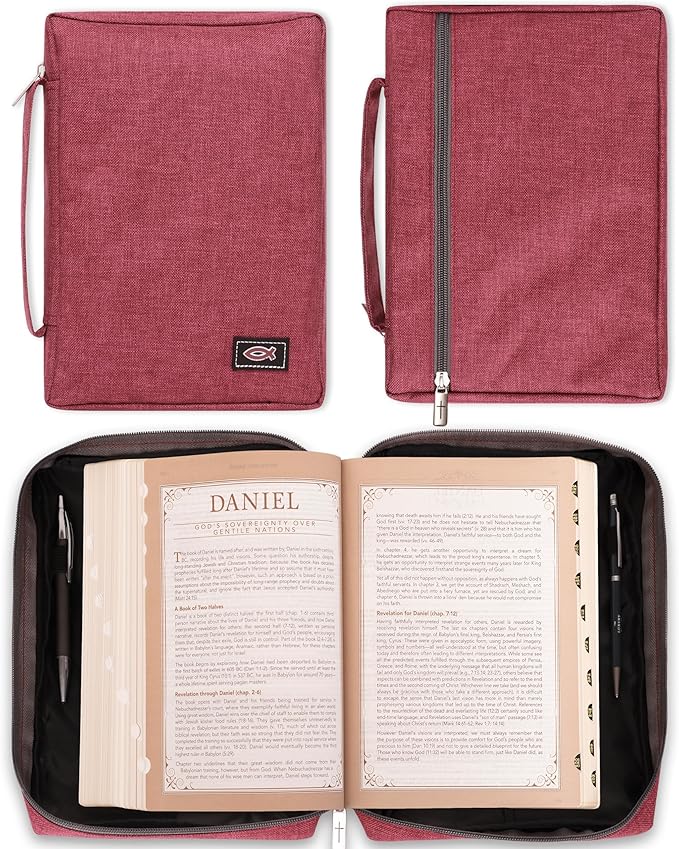 Christian Art Gifts Men/Women's Bible Cover Jesus Fish, Red Canvas, Small