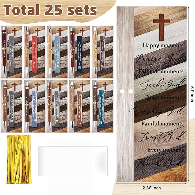 Spakon 25 Sets Father's Day Christian Gifts Bulk Bible Verses Pens Christian Silicone Bracelets Religious Paper Bookmarks for Women Men Sunday School Church Priest (Retro Style)