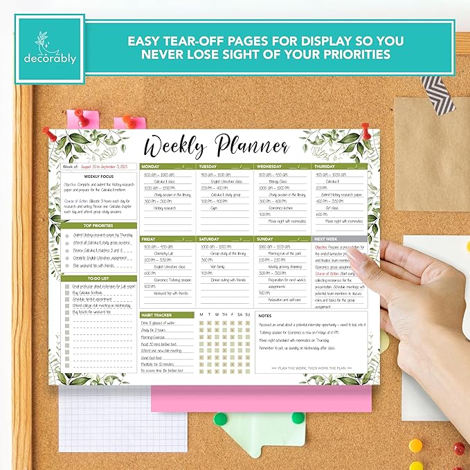 Decorably 52 Sheets Forest Green Undated Weekly Planner Tear Off Pad - 6.5x10in Spring-Bound Desk Notepad, for Focus, Priorities, to-Do List, Habit Tracker, Agenda, Notes - Home, School, Office