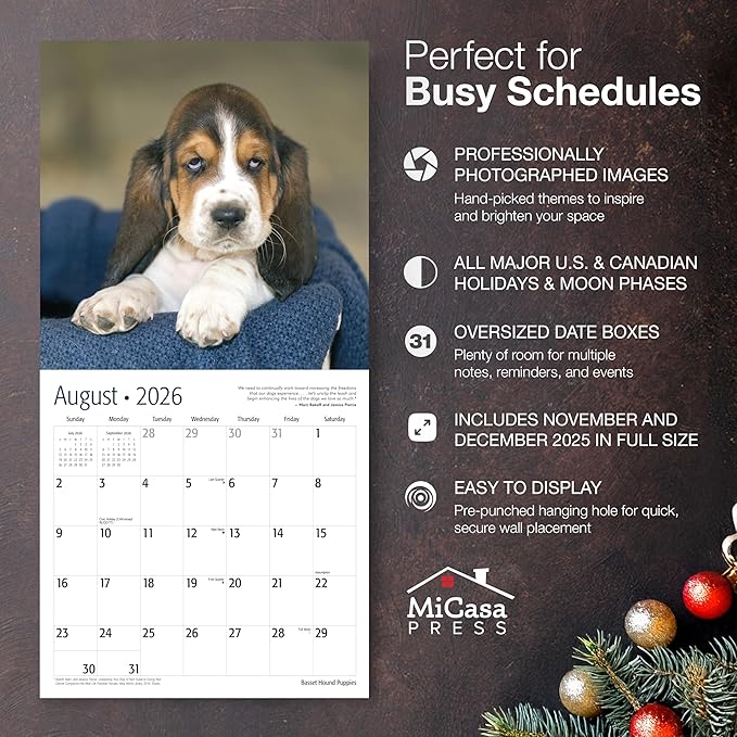 MICASA PRESS Basset Hound Puppies 2026 Wall Calendar 12 Month | 12" x 24" Open | Thick & Sturdy Paper | Giftable | Cute Puppy Dog Calendar 2026