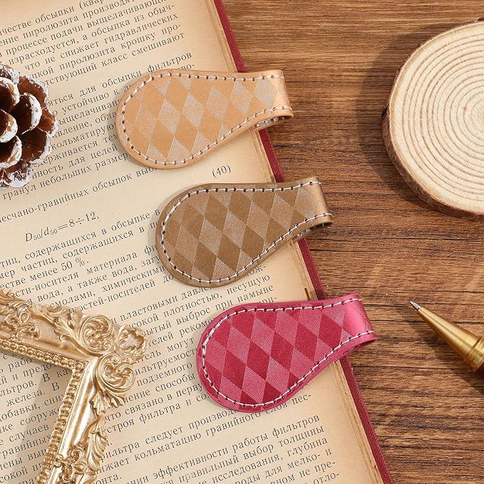 3PCS Vintage Magnetic Leather Bookmark, Leather Magnetic Bookmarks for Women, Magnetic PU Bookmarks Clip Book Accessories, Lattice Pattern