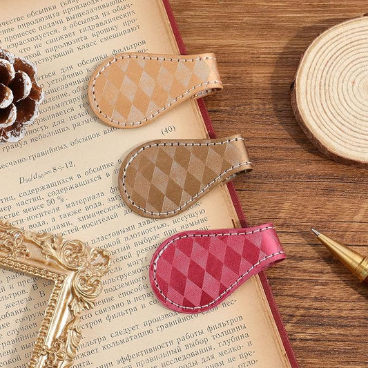 3PCS Vintage Magnetic Leather Bookmark, Leather Magnetic Bookmarks for Women, Magnetic PU Bookmarks Clip Book Accessories, Lattice Pattern