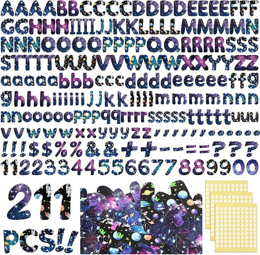 221 Pcs Space Bulletin Board Letters, Round Alphabet Number Punctuation Symbol Combo Letter Cutouts, Galaxy Classroom Decor for School Classroom Chalkboard Poster Bulletin Board Wall