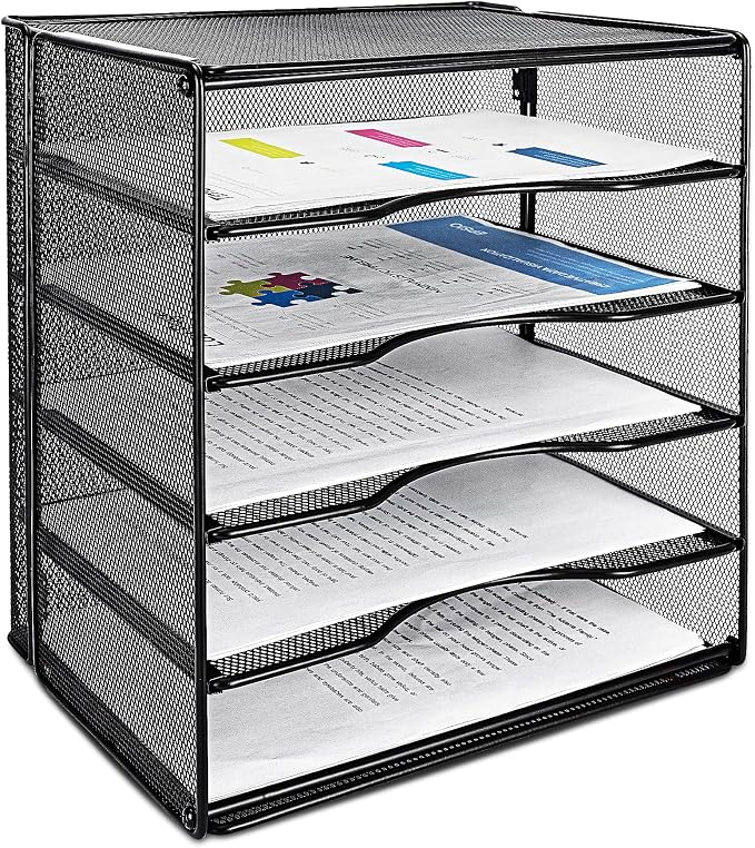 Amazon Basics 5-Tier Mesh Desk Organizer, File Holder, Paper Sorter for Office Supplies, Mail, Documents, 13.6 x 9.5 x 12.8 inches, Black