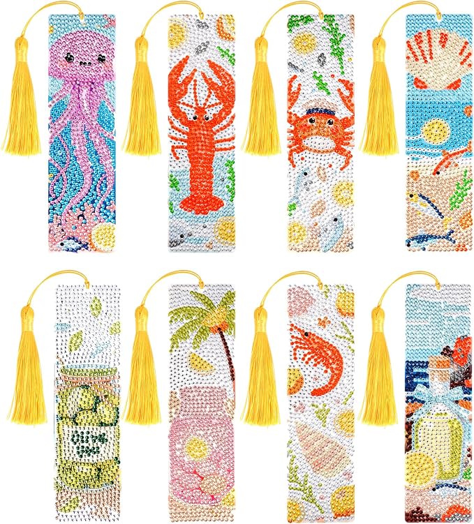 cnomg Diamond Art Bookmarks Kit for Adults 8 Pack Ocean Animals Diamond Painting Bookmarks with Tassels 5D DIY Ocean Sea Life Gem Art Bookmark Set Reading Gifts for Book Lovers Women