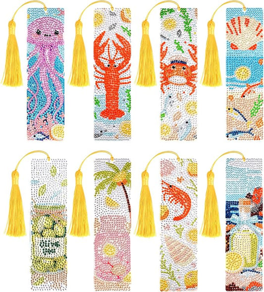 cnomg Diamond Art Bookmarks Kit for Adults 8 Pack Ocean Animals Diamond Painting Bookmarks with Tassels 5D DIY Ocean Sea Life Gem Art Bookmark Set Reading Gifts for Book Lovers Women