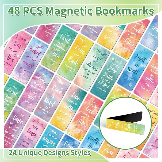 48Pack Magnetic Bookmarks Christian Bookmarks Bulk Bible Bookmark for Reading Women Men Kids Teacher Book Lovers Gifts, Religious Magnet Bookmark Clips Cute Personalized Book Marks (Watercolor)