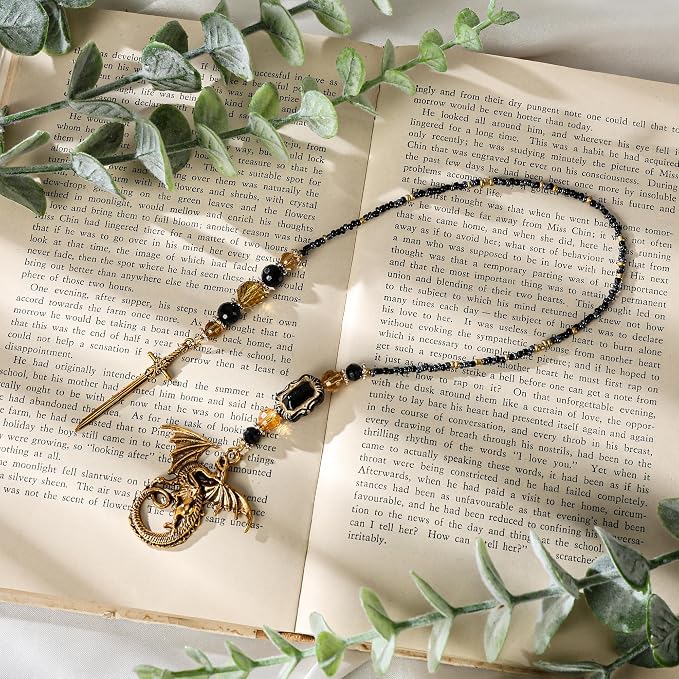 Fourth Wing Bookmark Gifts - Gold Fantasy Dragon Sword Beaded Bookmarks for Men Book Lovers Crystal Bead Chain Page Marks School Office Reading Accessories Bookish Gift for Birthday Christmas