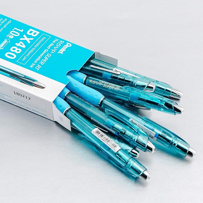 Pentel RSVP Super RT Ballpoint Pen, (1.0mm) Medium Line, Sky Blue Ink, Box of 12 (BX480-S)
