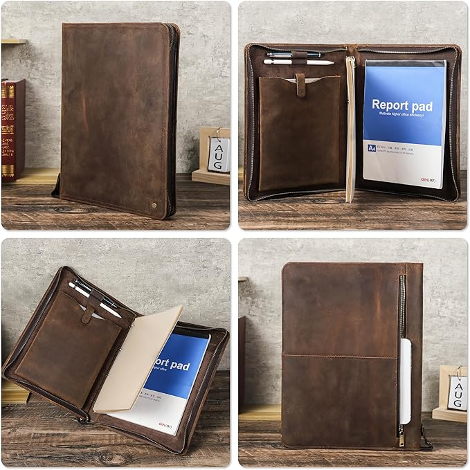 Top Grain Leather Text Custom Padfolio/Portfolio for Men & Women, Handmade Vintage, Multi-Functional Business Portfolio Organizer, Compatible with Cards/iPad Mini/Pen/A4/A5 Size Document