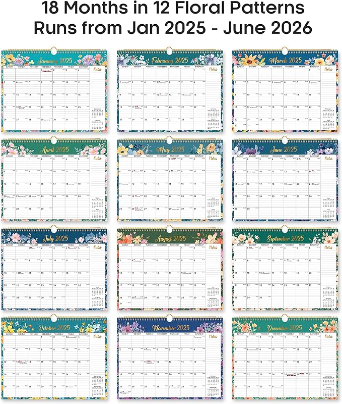 Calendar 2025-2026, Monthly Wall Calendar from January 2025 to June 2026, 11.5" x 14.7", Spiral Binding Hanging Wall Calendar, Perfect for Home or Office, Floral
