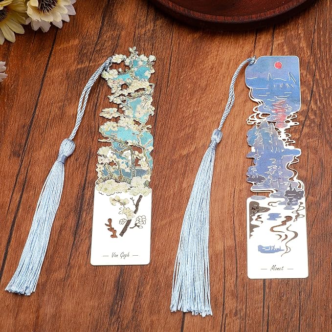 2 PCS Metal Bookmarks with Tassel, Almond Blossoms and Impression Sunrise Bookmark