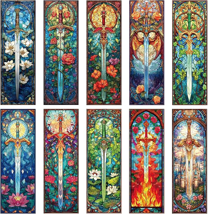 Wxiben Stained Glass Sword Bookmarks - 100 Pcs Cool Fantasy Bookmark Unique Sword Flower Book Marks Book Markers Page Clip GIFS for Women Men Teens Students Teacher Reading Bookworm Bookish