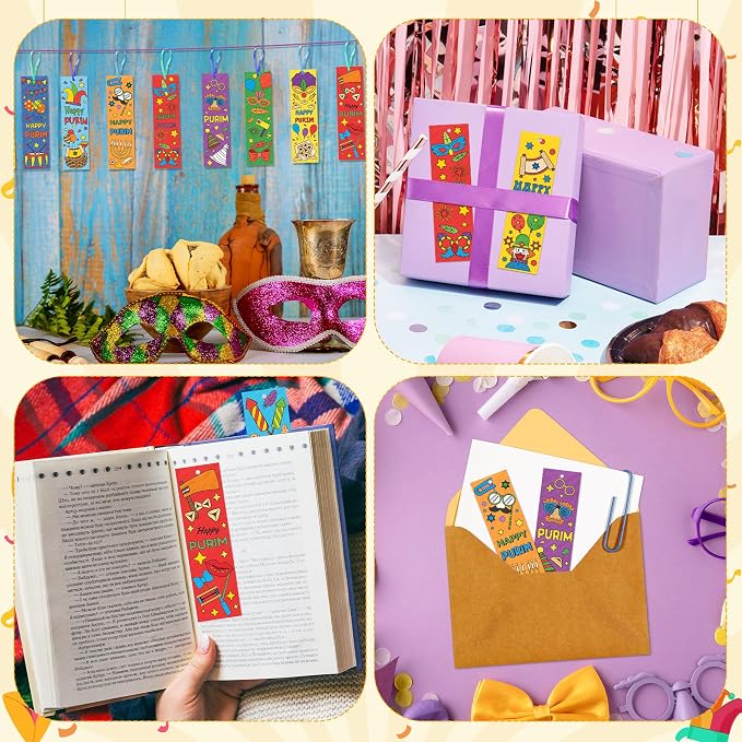 ANGOLIO Purim Color Your Own Bookmarks - 123Pcs Happy Purim Paper Bookmarks Mask Clown DIY Coloring Blank Reading Page Holder for Jewish Holiday Carnival Sunday School Classroom Party Goodie Fillers