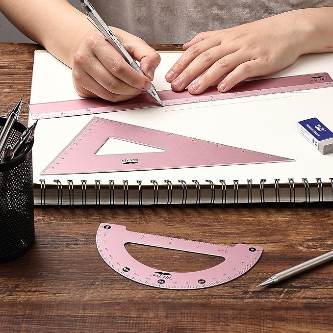 Mr. Pen- Metal Geometry Kit, 4 Pack, 45° & 30°/60° Set Squares, 6" Protractor & 12" Ruler, Durable Metal Drafting Tools for Technical Drawing, Math, Engineering & Architecture