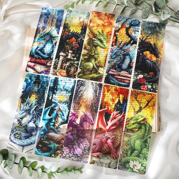 Fantasy Dragon Bookmark Gifts - 10 Pcs Personalized Vintage Stained Glass Bookmarks for Men Women Book Lovers Flower Page Marks School Reading Accessories Bookish Gift for Birthday Christmas