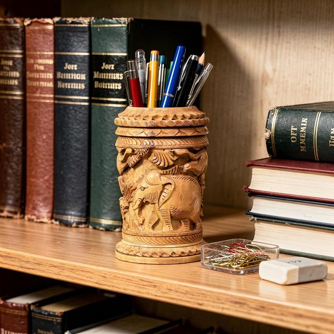 Craft Trade Hand Carved Wooden Pen Holder Desk Organizer, Elephant Design Pencil Holder Cup for Office Home School, Wooden Stationery Storage Box, Desk Decor, Camel Brown