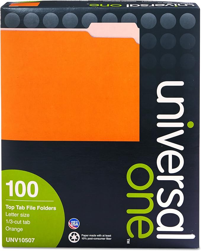Universal 10507 File Folders, 1/3 Cut One-Ply Top Tab, Letter, Orange/Light Orange (Box of 100)