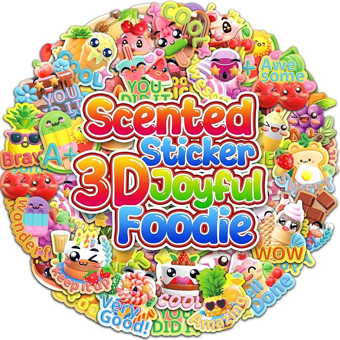 HORIECHALY 240 Pcs 3D Large Food Scratch and Sniff Stickers, Motivational Reward Scented Sticker for Kids & Teachers, Smelly Stickers for Classroom, Birthday, Student Party, School