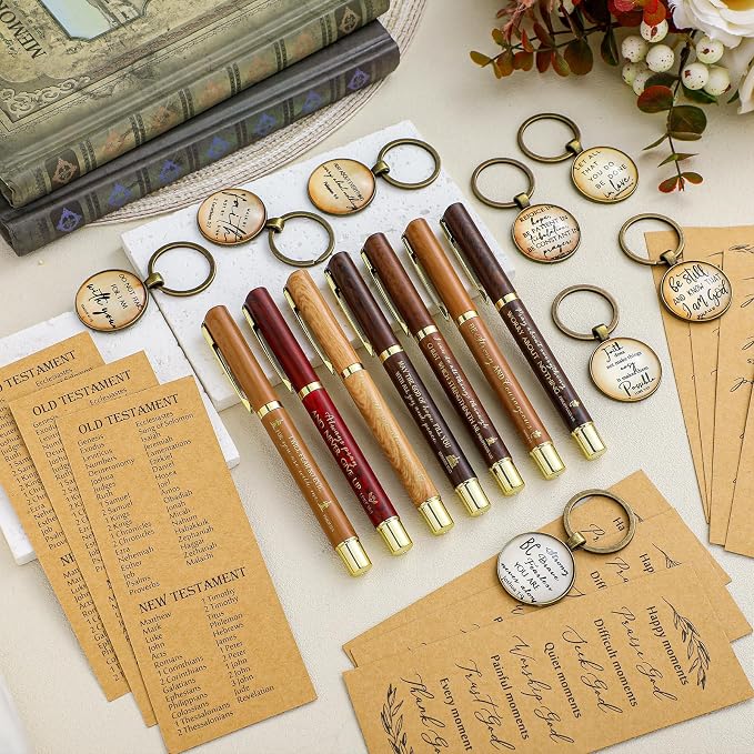 Gueevin 10 Sets Fathers Day Christian Gifts Bulk Bible Verse Pens Christian Religious Bookmarks and Bible Keychains Church Appreciation Gift for Graduation End of Year Teacher School (Multicolor)