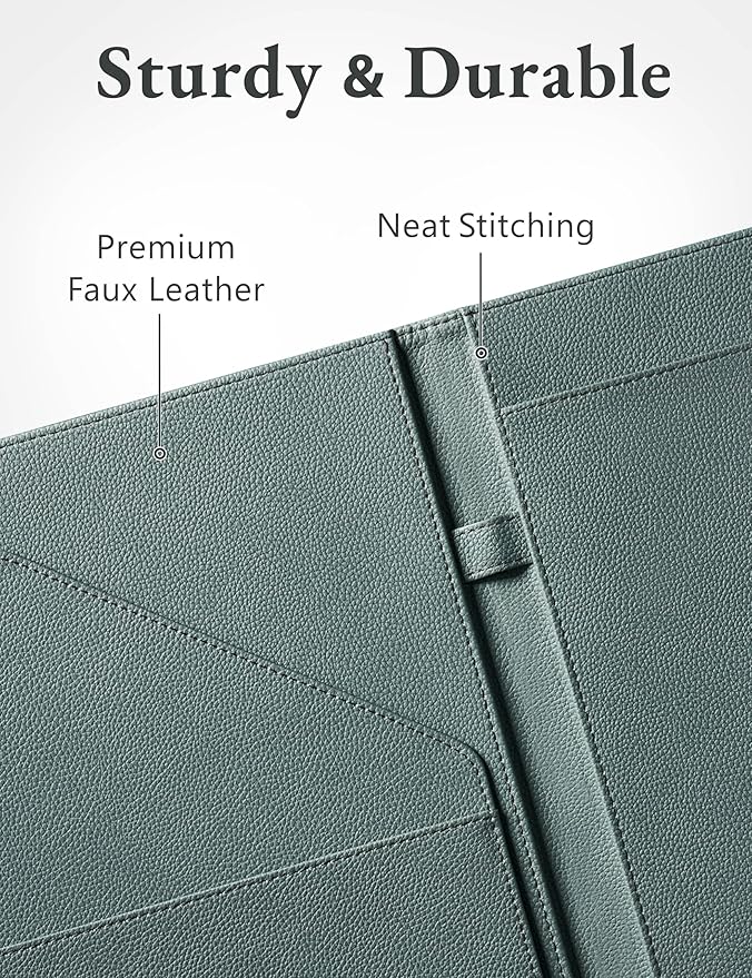 Mymazn Padfolio Portfolio Folder, Faux Leather Interview Resume Folder with Document Organizer & Business Card Holder, Letter-Sized Notepad Legal Pad Holder for Men Women (Grey Green)