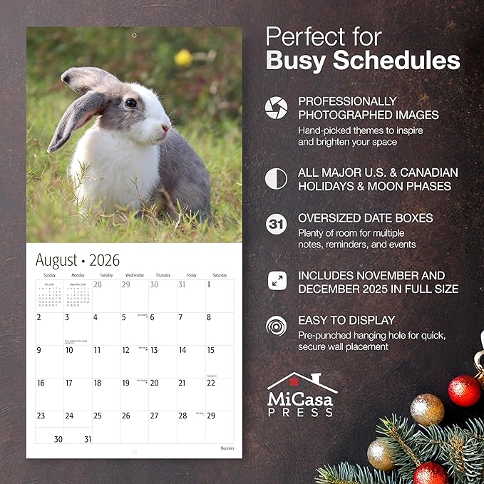 MICASA PRESS Bunnies 2026 Wall Calendar 12 Month | 12” x 24” Open | Thick & Sturdy Paper |Giftable | Cute Rabbit Animal Kids Calendar 2026