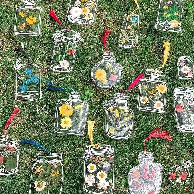 DIY Transparent Dried Flower Bookmarks, Clear Bookmark for Dried Flowers, Handmade Beautiful Thousand Flower Bookmark Page Clear Jars Stickers with Hole (40 Pcs)
