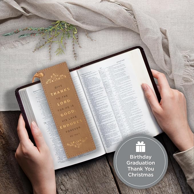 Christian Art Gifts Tan Faux Leather Floral Bookmark for Women: Give Thanks - Psalm 106:1 Inspirational Bible Verse, Heat-Debossed & Golden Accents with Light Sandy Tan Satin Ribbon Reading Accessory