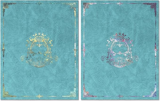 36 Pack Decorative File Folders in Two Matching Boxes, 24 Gold & 12 Violet Silver Designs On Blue Leather, Letter Size 9.2x11.7 Inch Colored Folders, Full Color Outside & On Pockets with Beige Lining