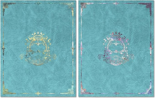 36 Pack Decorative File Folders in Two Matching Boxes, 24 Gold & 12 Violet Silver Designs On Blue Leather, Letter Size 9.2x11.7 Inch Colored Folders, Full Color Outside & On Pockets with Beige Lining