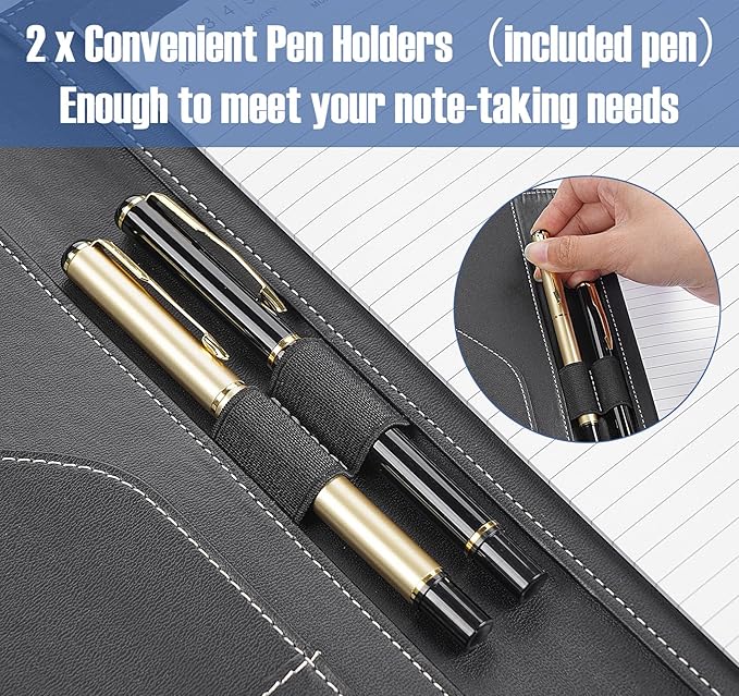 Padfolio Notepad Holder with Clipboard,A5 Faux Leather Padfolio Folder for Interview Resume,Magnetic Closure Legal Pad Folder with Business Holder,2 Pens & 5x8 Writing Pad for Office,Black