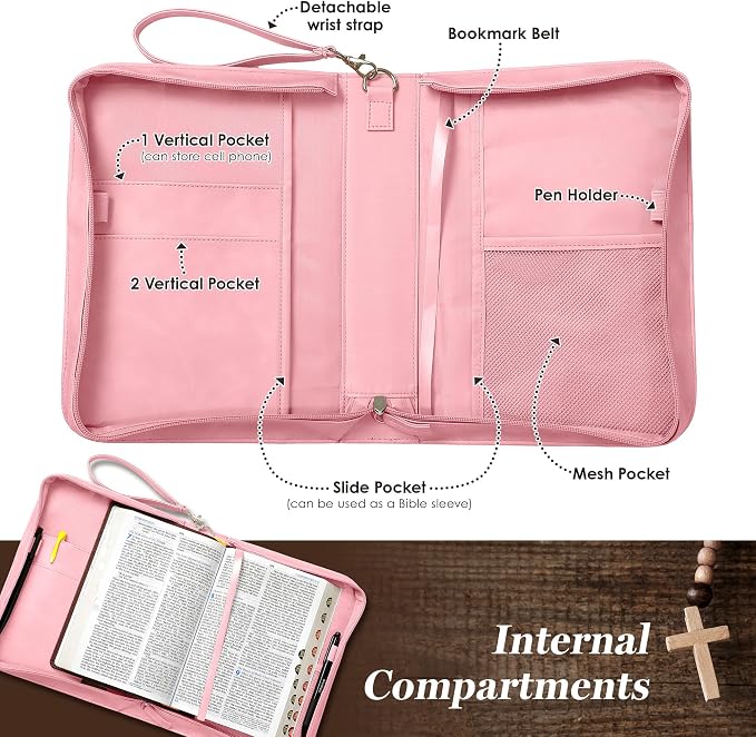 Leather Bible Cover for Women – Large Zippered Case with Handle and Pockets, Floral Book Protector for Study or Church, Christian Gift for Girls and Women, Large Size Bibles (Pink)