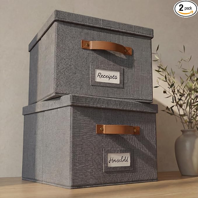 Decorative File Organizer Box Set of 2 - Collapsible Linen Filing Cabinets with Handles Are Perfect to Store All Your Documents & Hanging File Folders - Portable Easy Slide Office Crates with Lid