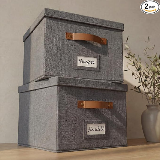 Decorative File Organizer Box Set of 2 - Collapsible Linen Filing Cabinets with Handles Are Perfect to Store All Your Documents & Hanging File Folders - Portable Easy Slide Office Crates with Lid