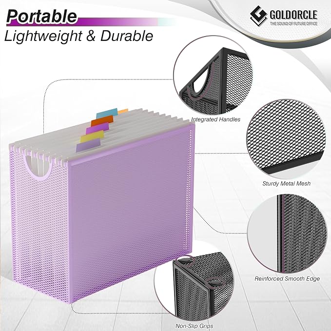 Hanging File Organizer, Letter-Size File Holder Filing Box with 5 Hanging Folders, Metal Mesh Desk File Folder Storage(No Assembly Required) (Purple, with 5 Grey Folders)