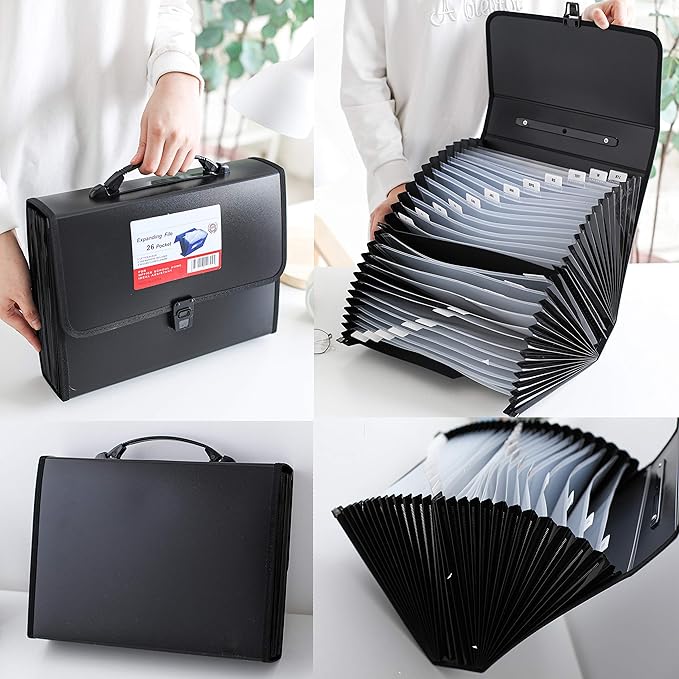FANWU 26 Pockets Expanding File Accordion Folder with Handle - Letter A4 Paper Size - Expandable Large Plastic File Folder Wallet Monthly Portable Document Organizer with Flap & Buckle (Black)