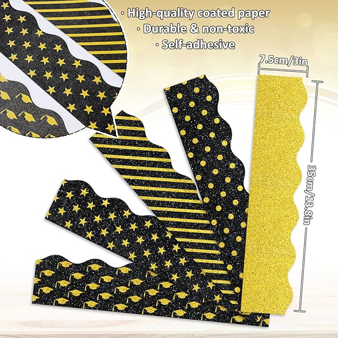 Whaline 69Ft Graduation Bulletin Board Borders Glitter Black Gold Graduation Cap Star Stripe Scalloped Bulletin Board Trim Border for School Classroom Office Desk Window Chalkboard Party Supplies