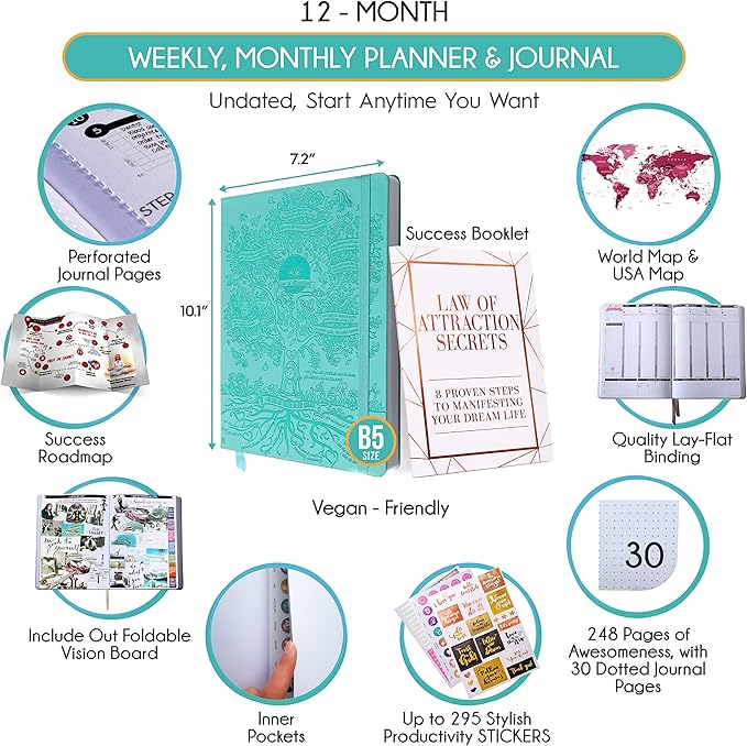 Deluxe Weekly and Monthly Planner | Law of Attraction Planner with Productivity App | 12-Month for Productivity, Gratitude & Goal Setting | Includes Foldable Vision Board, Gift Box & Stickers