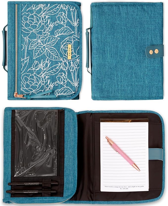 Christian Art Gifts Faith Badge Floral Women's Tri-Fold Organizer Bible Cover Zipper Closure, Teal Canvas, Large