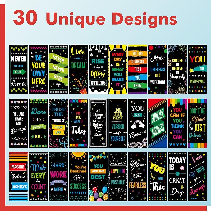 120 PCS Motivational Bookmarks, 30 Designs Double Sided Printing Paper Bookmarks Inspirational Book Markers with PET Film for Primary Middle High Reading Students, Book Lovers (2.4” x 6.1”)