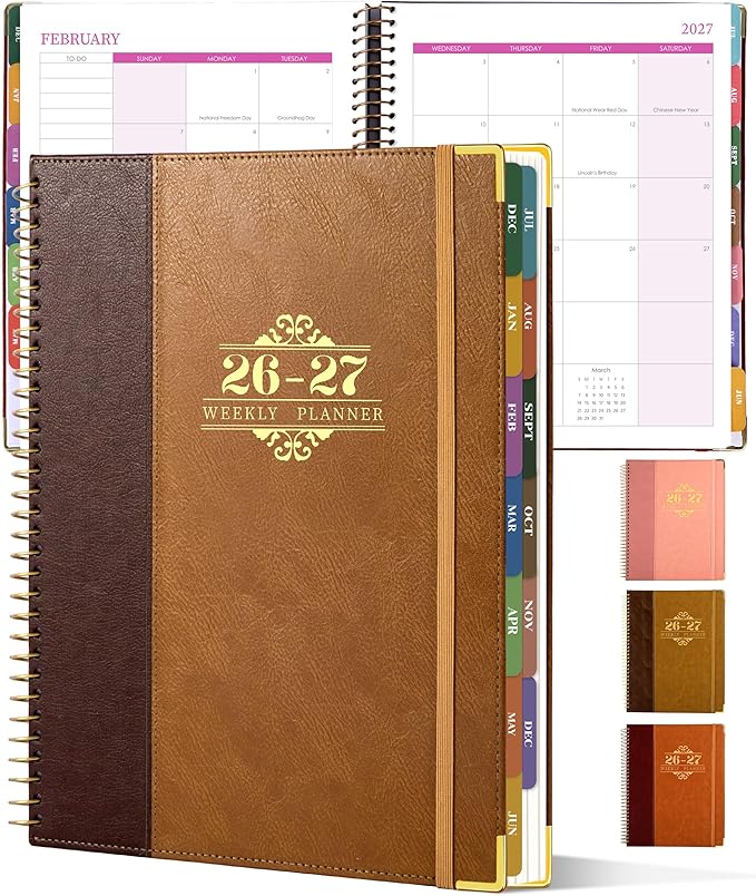 Planner 2026-2027, Leather Two-Tone Planner, 18 Month Weekly and Monthly Planner Calendar with Tabs, Jul 2026–Dec 2027, Large 8.5" x 11" A4 Hardcover Spiral Agenda Planner for Home, School and Work （Brown）