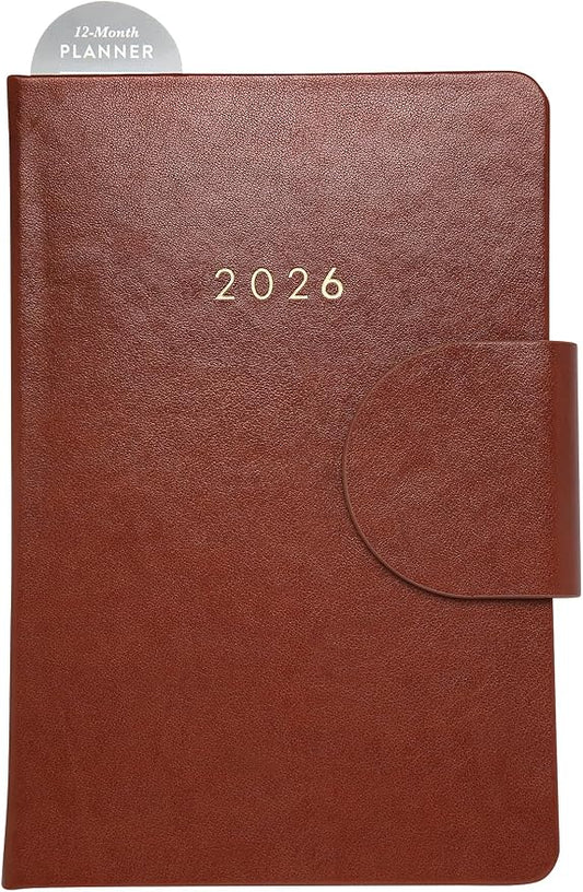 WORLD TRAVELER 2026 Planner - 6x8 Inch Weekly and Monthly Calendar Planner Agenda Book with Bookmark & Ribbon for School and Office, Size 6X8, Brown Circle
